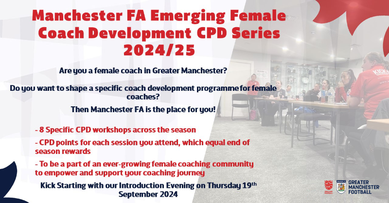 Manchester_FA's tweet photo. 𝙁𝙀𝙈𝘼𝙇𝙀 𝘾𝙊𝘼𝘾𝙃𝙀𝙎 📢 

Improve your coaching skills, confidence &amp; develop your network of female coaches on our Female Coach Development CPD Series!

Join us for the introduction evening, where you will help to shape future sessions &amp; topics covered within the series 💡