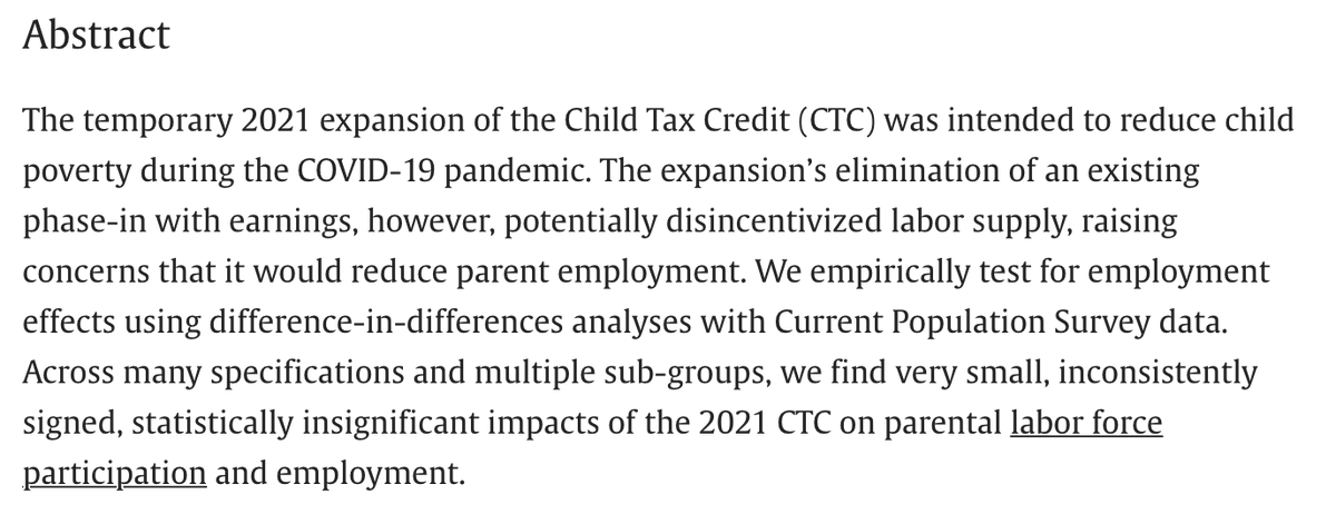 Journal of Public Economics (@jpubecon) on Twitter photo Just published in <a href="/JPubEcon/">Journal of Public Economics</a>:
"Effects of the expanded Child Tax Credit on employment outcomes"
By @LizAnanat, <a href="/BenGlasner/">Ben Glasner</a>, <a href="/ChristalH8/">Christal Hamilton</a>, <a href="/clpignatti/">Clemente Pignatti</a>, @zparolin
sciencedirect.com/science/articl⦠Just published in <a href="/JPubEcon/">Journal of Public Economics</a>:
"Effects of the expanded Child Tax Credit on employment outcomes"
By @LizAnanat, <a href="/BenGlasner/">Ben Glasner</a>, <a href="/ChristalH8/">Christal Hamilton</a>, <a href="/clpignatti/">Clemente Pignatti</a>, @zparolin
sciencedirect.com/science/articlā¦