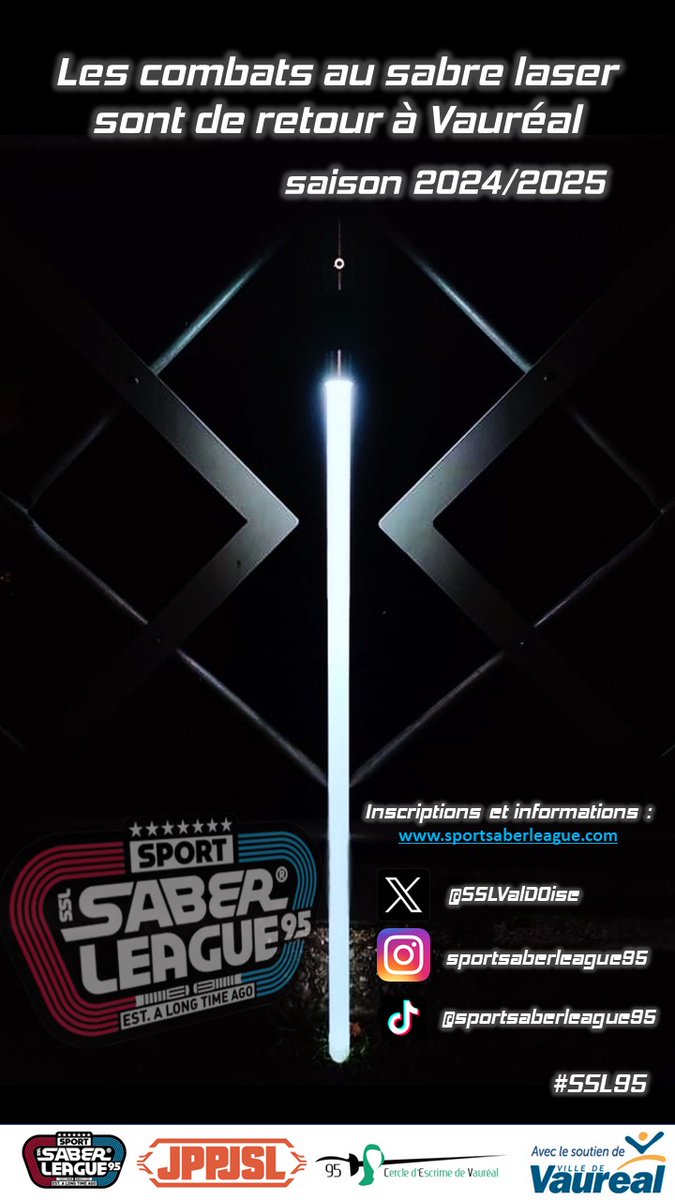 SSLValDOise's tweet photo. Une nouvelle saison reprend jeudi 14 septembre à @vaureal ⚔️ Encore plus de combattants , encore plus de niveau, des compétitions internationales... 
🫵 Toi aussi tu peux essayer et adopter le combat sportif au #SabreLaser !
https://t.co/9qAUmdZym9
#SSL95 #Ahou @valdoise https://t.co/XvFaFzc3c4