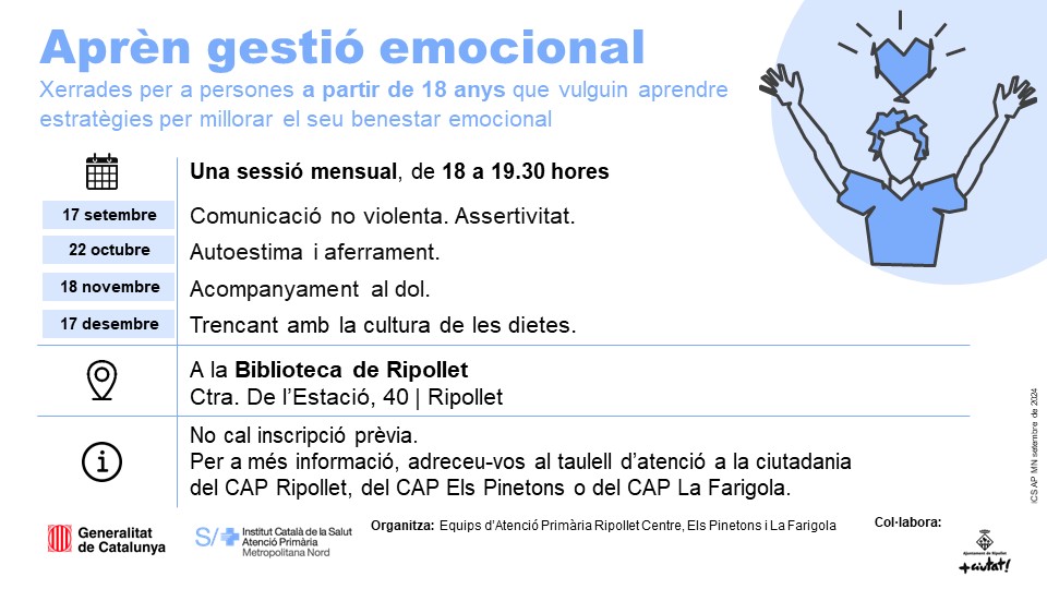 apicsmetronord's tweet photo. 📚 Xerrades de gestió emocional 📚

organitzades pel #CAPRipollet #CAPLaFarigola #CAPElsPinetons amb @AjRipollet

🗓️ 17 setembre
👉Comunicació no violenta. Assertivitat
🕕 18 a 19:30 h
📍 A la @BiblioRipollet 

🟢Entrada lliure https://t.co/w8ZnGJJ4Cx