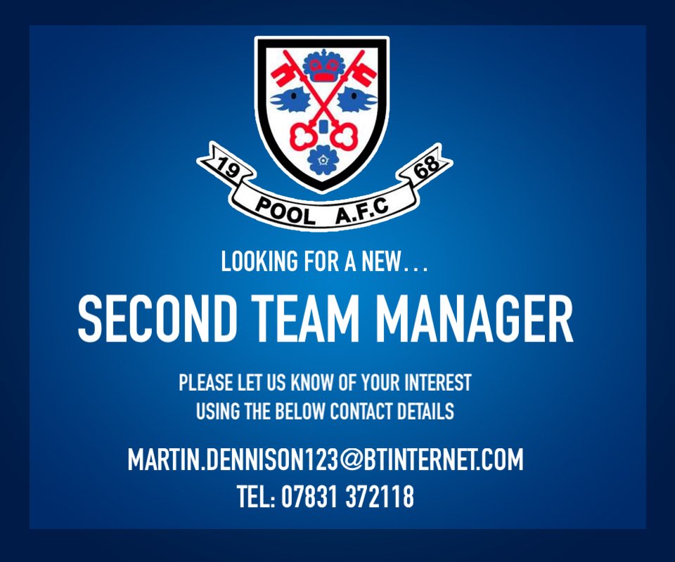 We have an exciting coaching opportunity available as our second team are looking for a new manager.

If you are interested please contact our chairman Martin Dennison using the details in the flyer below.

#PoolAFC #coaching