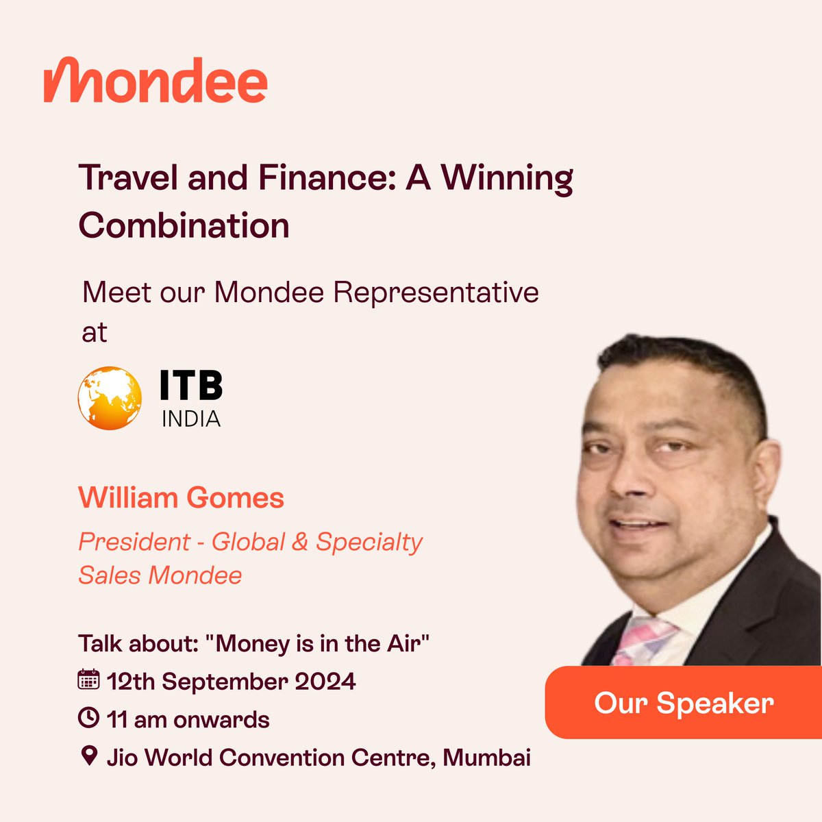 We are thrilled to bring our expertise at #ITBIndia. Join us to hear William Gomes, #Mondee, present on the topic - Money is in the Air.
Date - 12 September, 2024
Time - 11 am onwards

#MondeeAtITB
