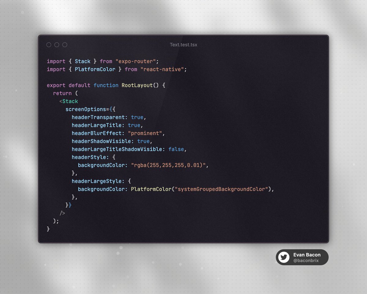 Baconbrix's tweet image. 💡 These are all the header settings required in React Navigation / RNScreens to achieve a large blurry header with adaptive shadows.
