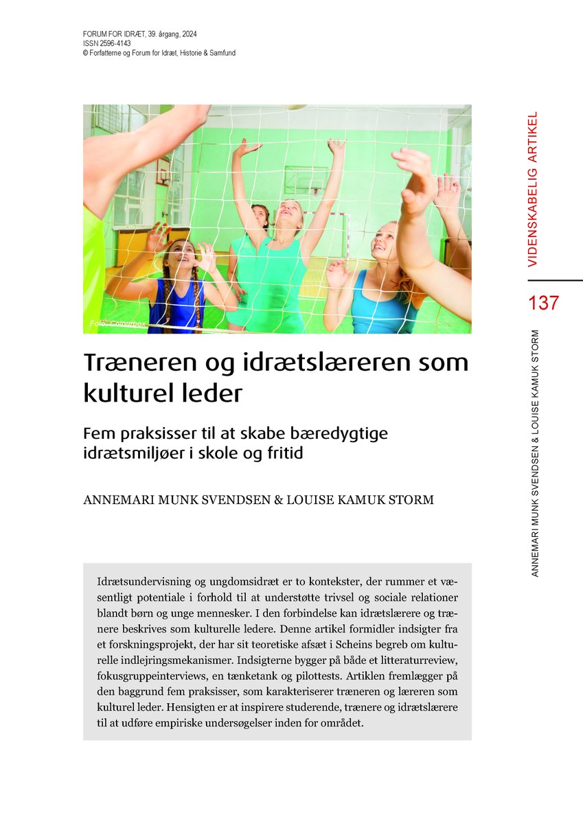 Idræt rummer et væsentligt potentiale i forhold til at understøtte trivsel og sociale relationer blandt børn og unge mennesker 🤸‍♀️

En ny artikel identificerer fem praksisser, der kendetegner positiv kulturel ledelse i skoleidræt og ungdomsidræt👇
 tidsskrift.dk/forumforidraet…
