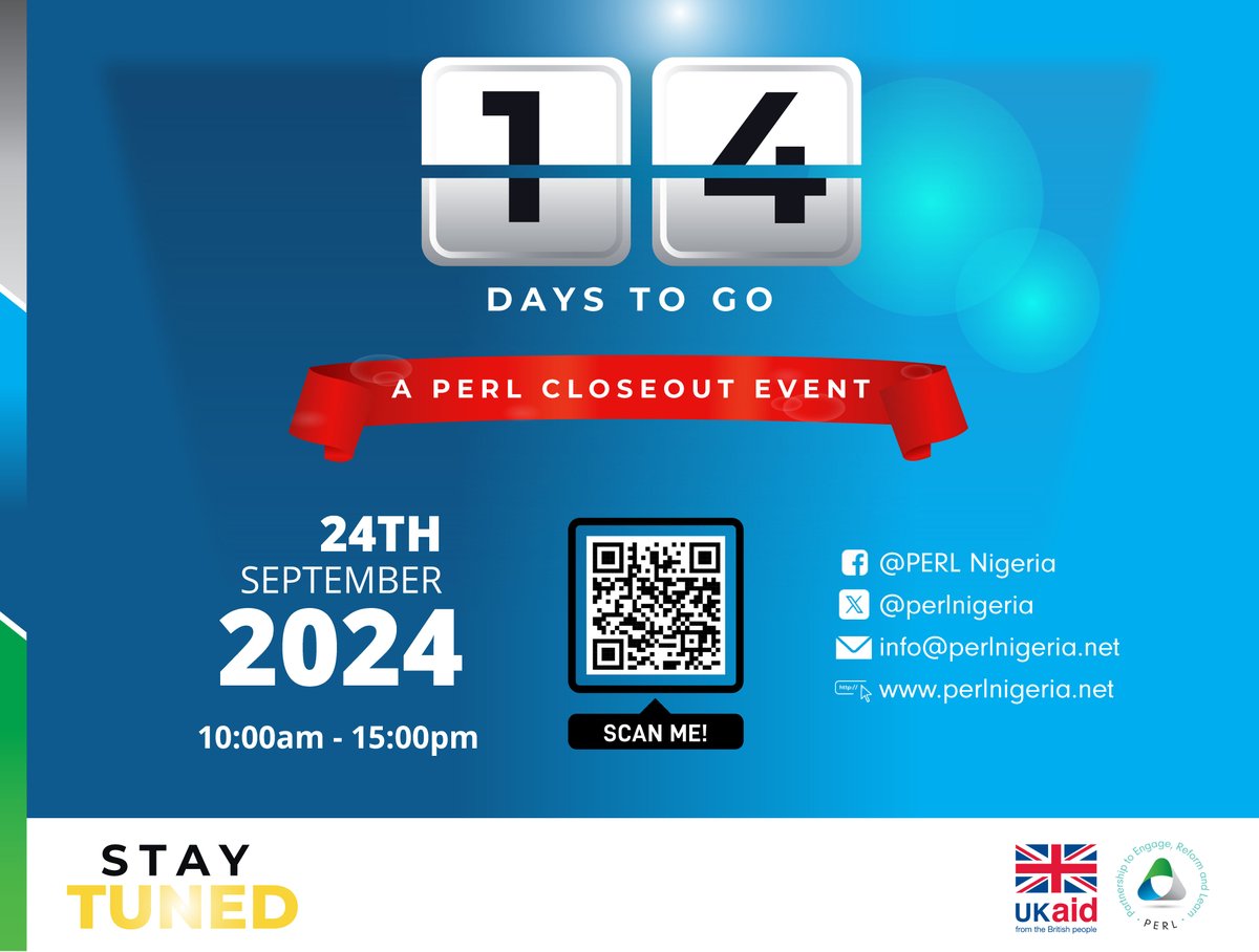perlnigeria's tweet photo. Exactly 2 weeks to go!
@perlnigeria  is celebrating  8 years of governance programming, supporting how governments organise their core business of policy making, implementation and service delivery, and how citizens engage with these processes @DAIGlobal @UKinNigeria @DrJoeAbah https://t.co/vp5Pjg2OyK