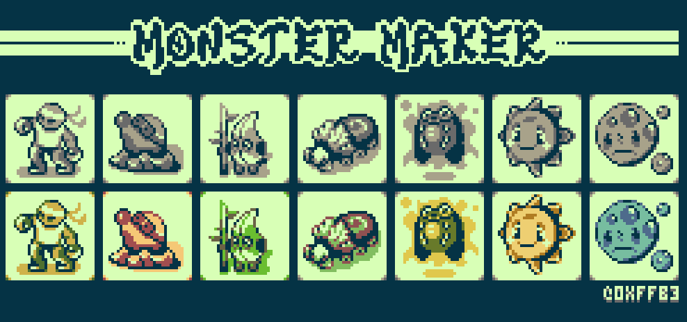 brushign up on my #pixelart still , that's another 7 fakemon for #septembit 

fighting , underground , plant , bug , poison , happy , sad

whatever are their names o__O