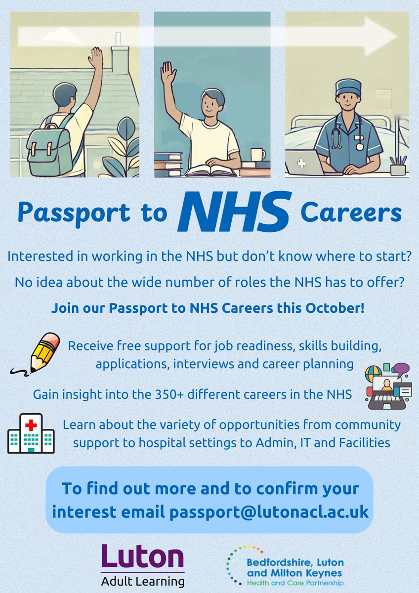Luton Adult Learning (@lutonacl) on Twitter photo Limited spaces π¨
Interested in working in the NHS but don't know where to start?
No idea about the wide number of roles they offer?
We can support you with applications, interviews and career planning π
To register your interest email passport@lutonacl.ac.uk by 26 September Limited spaces π¨
Interested in working in the NHS but don't know where to start?
No idea about the wide number of roles they offer?
We can support you with applications, interviews and career planning π
To register your interest email passport@lutonacl.ac.uk by 26 September