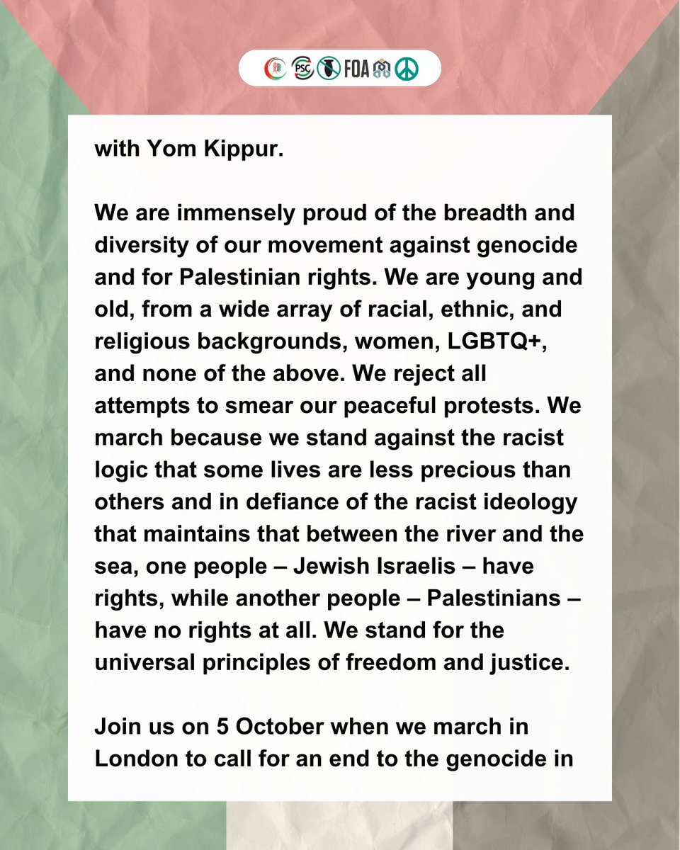 PSCupdates's tweet photo. 🚨Coalition Statement: We have decided to change the date of the National march for Palestine in London to 5 October

Read the full statement here: https://t.co/649gGv4DUE https://t.co/9hcIBNRzfL