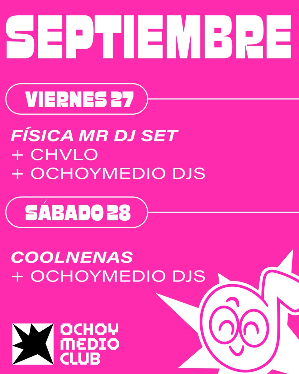 ochoymedioclub's tweet photo. Este viernes volvemos!! 💞🤩 Y esto es todo lo que tenemos preparado para este primer mes en Joy Eslava!

💥 AVISO: las entradas para este fin de semana están volandooo!! Así que si queréis ver a Bemola en la vuelta al cole, ya sabéis: https://t.co/o1HG3q98tv

#OchoymedioClub https://t.co/2iTb9AdrVD