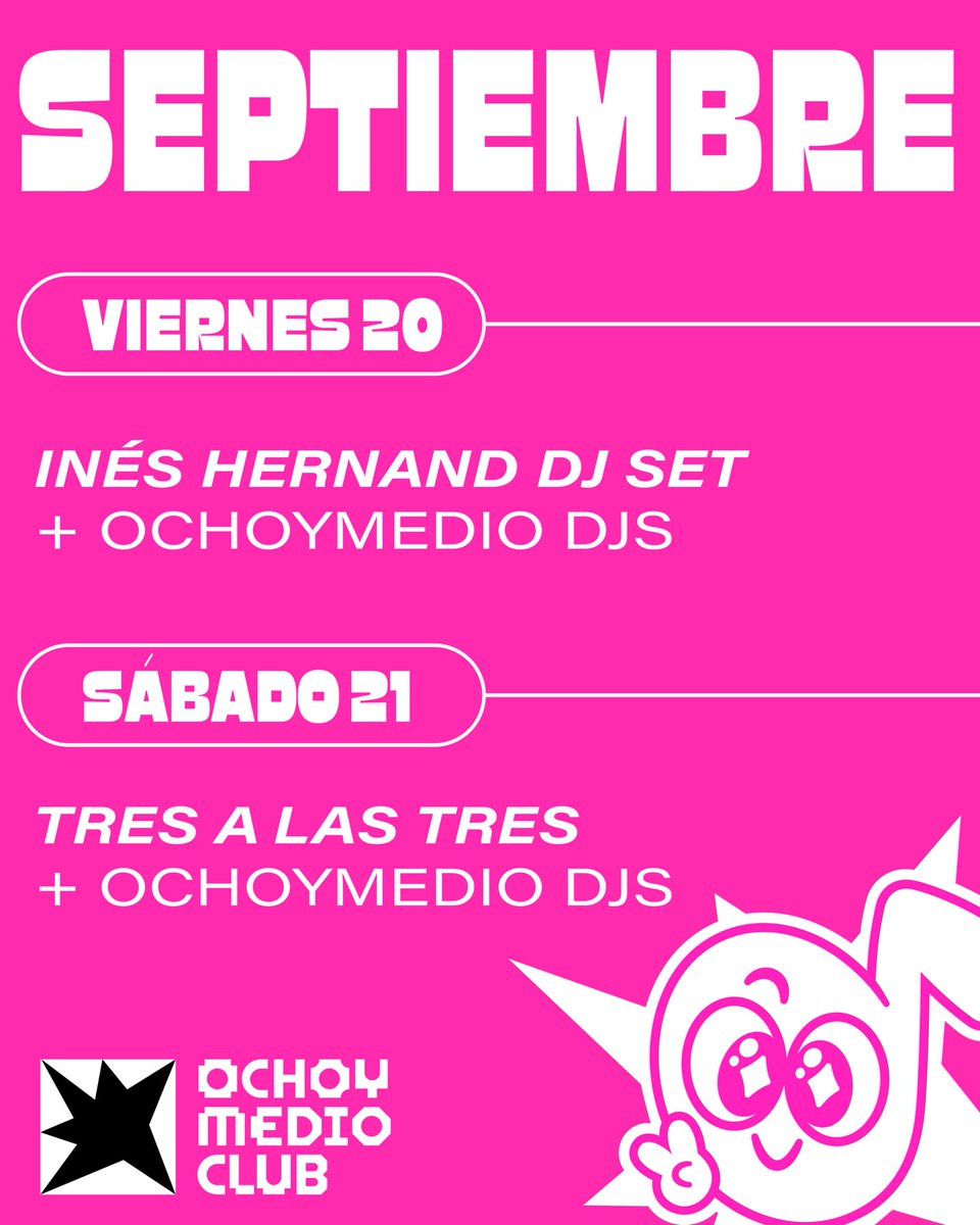 ochoymedioclub's tweet photo. Este viernes volvemos!! 💞🤩 Y esto es todo lo que tenemos preparado para este primer mes en Joy Eslava!

💥 AVISO: las entradas para este fin de semana están volandooo!! Así que si queréis ver a Bemola en la vuelta al cole, ya sabéis: https://t.co/o1HG3q98tv

#OchoymedioClub https://t.co/2iTb9AdrVD