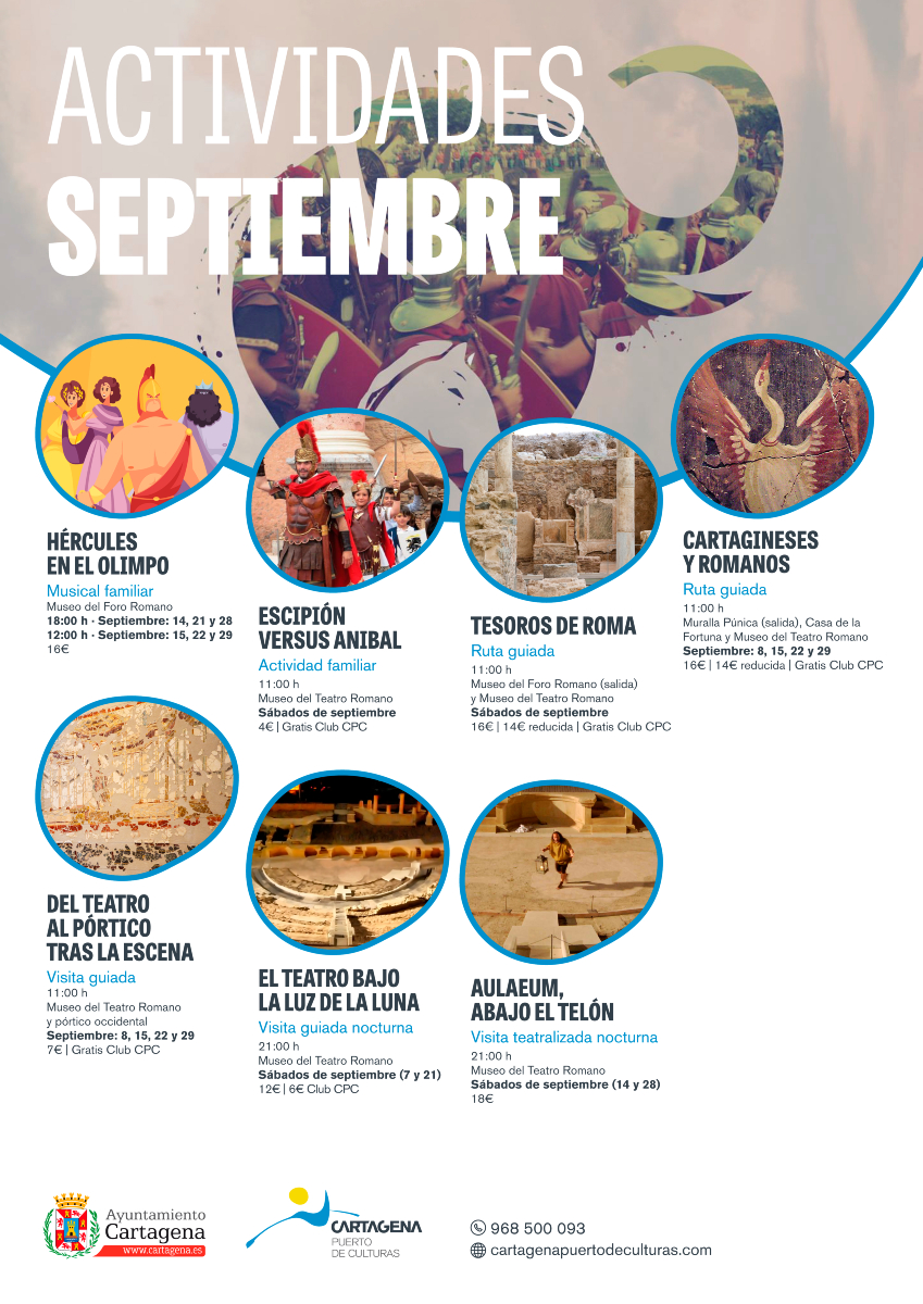 ⚔️🐘 En septiembre, Cartagena se convierte en un gran escenario donde se revive la historia de las Guerras Púnicas con nuestra programación especial de Cartagineses y Romanos.

🔁 Comparte y 📤  envía esta agenda a quien pueda interesar

ℹ️ Mas info: i.mtr.cool/qdvxddvzhm