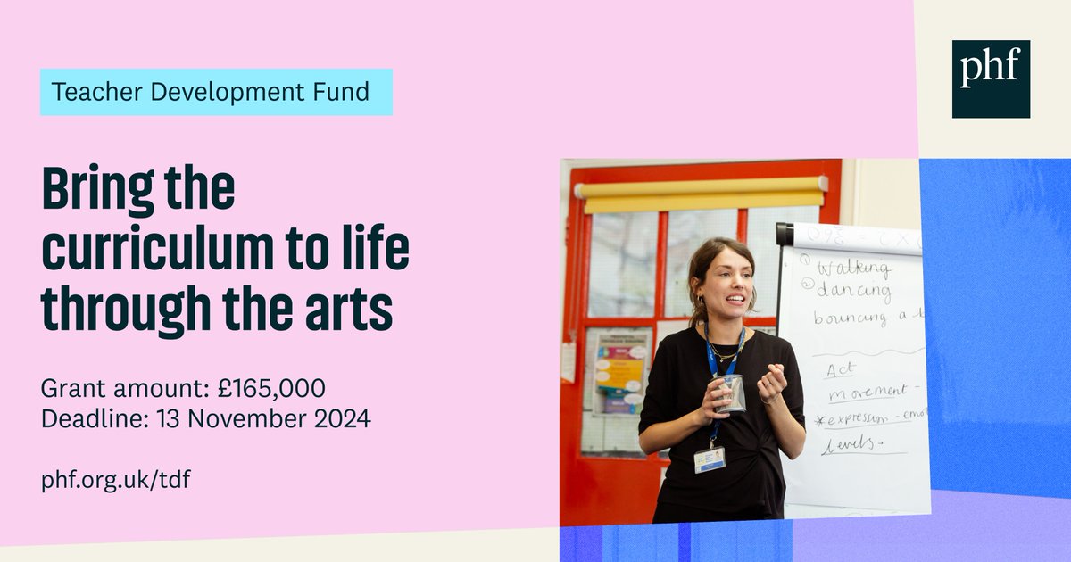📣Applications are now open to the Teacher Development Fund

Grants up to £165,000 will support primary schools and arts organisations to work together to develop arts-based approaches to teaching &amp; learning.

Apply now👉phf.org.uk/tdf
#edutwitter #primaryschool #educhat
