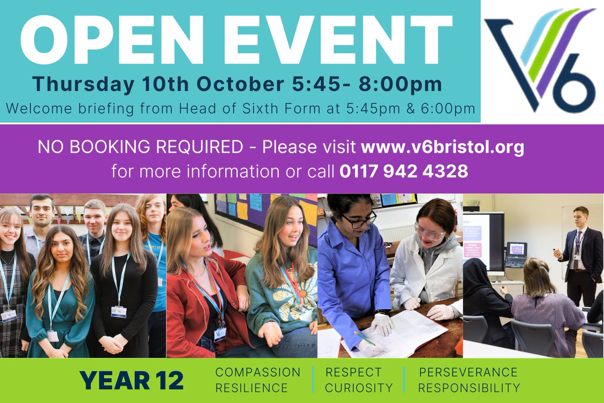 You are warmly invited to our Open Event, for students in Year 11 looking for a sixth form place for September 2025. Thu 10 Oct, 5:45 - 8:00pm. Find out more here: v6bristol.org/921/open-events <a href="/EducationEACT/">E-ACT</a> <a href="/MontpelierHigh/">Montpelier High School</a> <a href="/BristolEdu/">Linda Tanner</a>