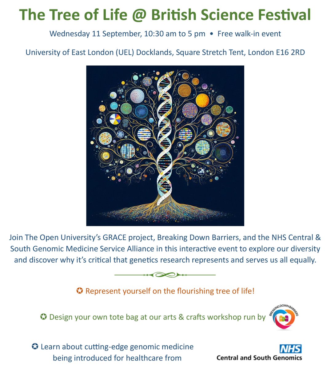 GRACE Project (@grace_projectuk) on Twitter photo It's tomorrow! Join us for the Tree of Life at <a href="/BritishSciFest/">British Science Festival</a> for an interactive event with
<a href="/BarriersDown/">Breaking Down Barriers</a> and <a href="/CaS_Genomics/">NHS Central and South Genomics</a>. It's tomorrow! Join us for the Tree of Life at <a href="/BritishSciFest/">British Science Festival</a> for an interactive event with
<a href="/BarriersDown/">Breaking Down Barriers</a> and <a href="/CaS_Genomics/">NHS Central and South Genomics</a>.