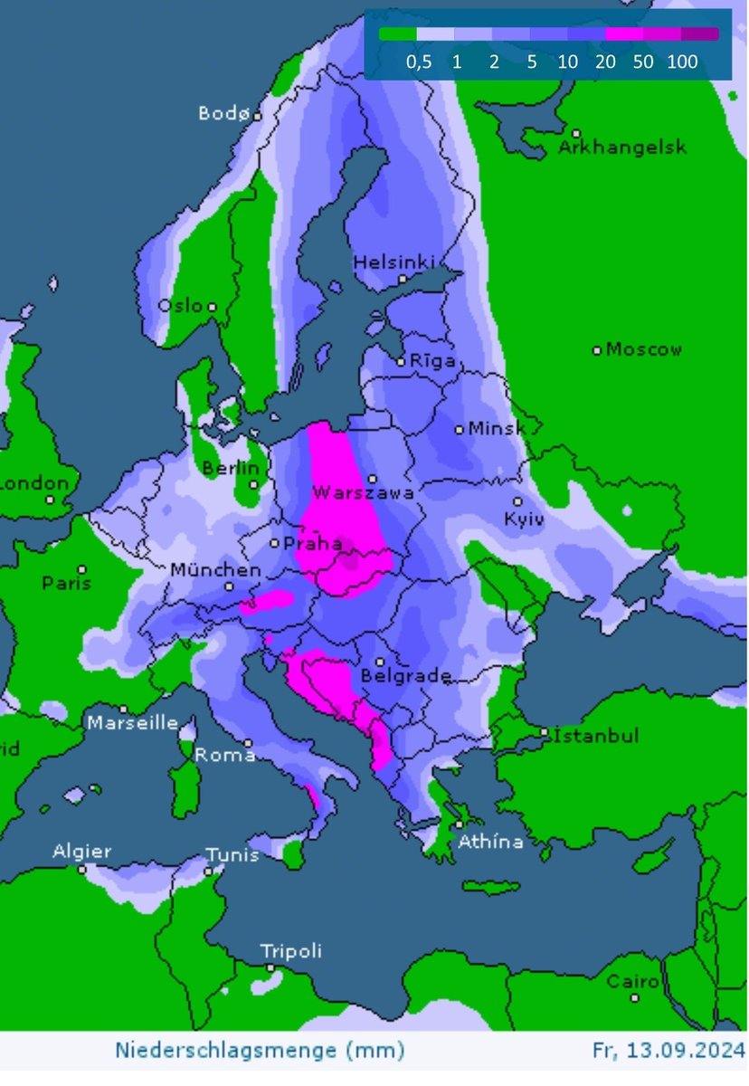 ChristophBeisl1's tweet image. Derzeit sieht es so aus, wie wenn es die stärksten Niederschläge des Vb-Tiefs in Polen gibt und zwar zwischen Landesgrenze zu Deutschland und etwa der Mitte in Polen.
Es könnte bis zu 300 Liter/m² geben.
Ein Großteil dieses Wassers fließt über die #Oder ab.
#Hochwasser