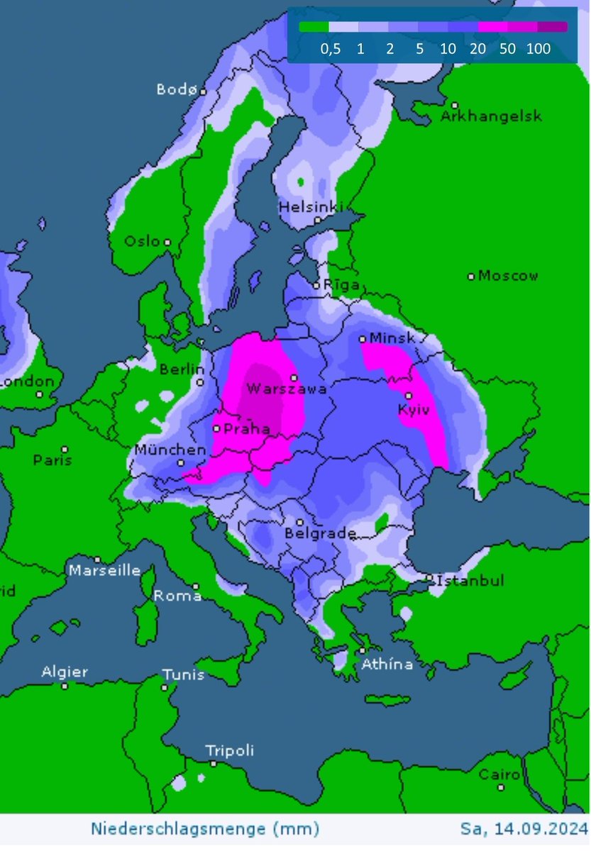 ChristophBeisl1's tweet image. Derzeit sieht es so aus, wie wenn es die stärksten Niederschläge des Vb-Tiefs in Polen gibt und zwar zwischen Landesgrenze zu Deutschland und etwa der Mitte in Polen.
Es könnte bis zu 300 Liter/m² geben.
Ein Großteil dieses Wassers fließt über die #Oder ab.
#Hochwasser