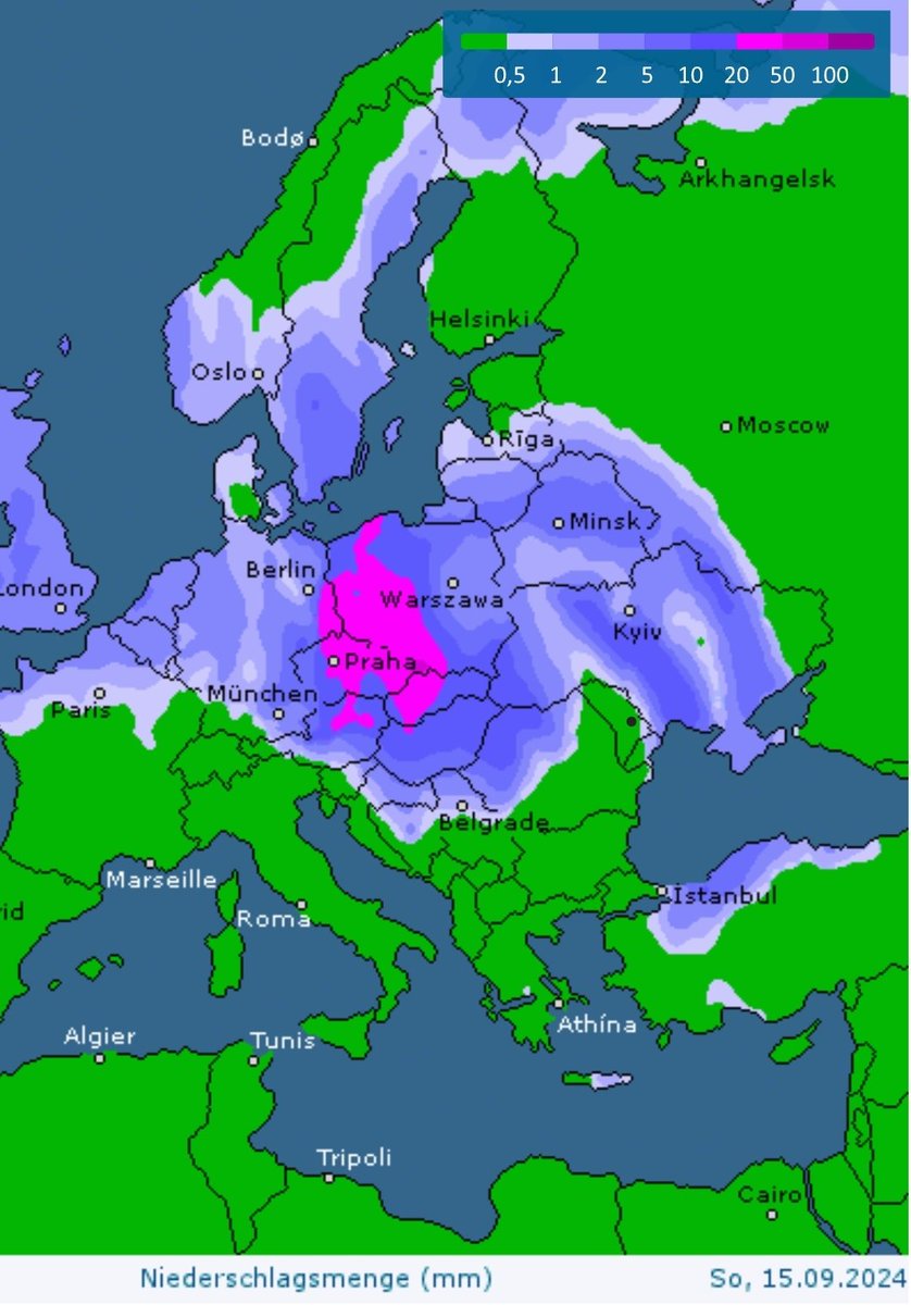 ChristophBeisl1's tweet image. Derzeit sieht es so aus, wie wenn es die stärksten Niederschläge des Vb-Tiefs in Polen gibt und zwar zwischen Landesgrenze zu Deutschland und etwa der Mitte in Polen.
Es könnte bis zu 300 Liter/m² geben.
Ein Großteil dieses Wassers fließt über die #Oder ab.
#Hochwasser