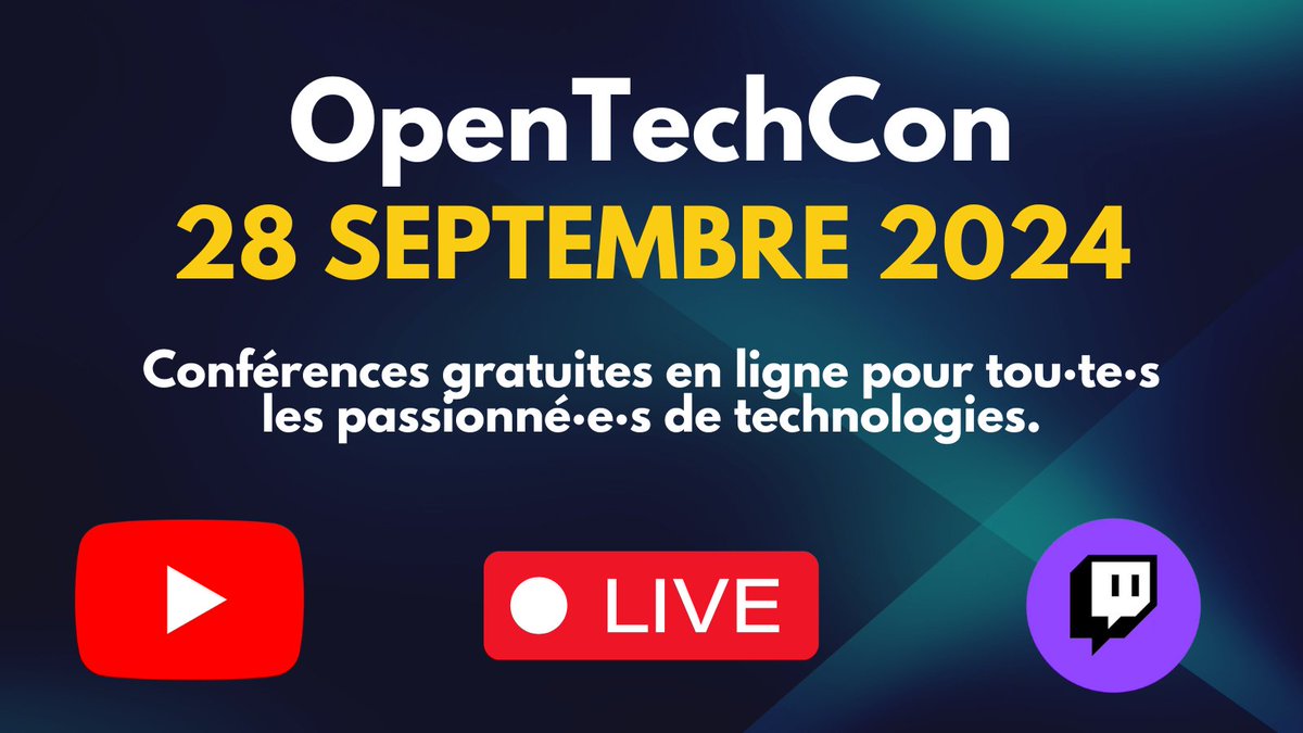 yOyO38's tweet image. 🚨 OpenTechCon, c’est bientôt !
📅 28 septembre : Une journée tech gratuite et 100% en ligne dédiée aux passionné·e·s de tech
Au programme : talks, démos, ignite talks, etc ...
Ne rate pas cette journée inspirante, bloque la date maintenant ! 🗓️