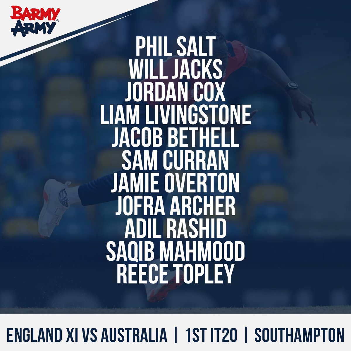 TheBarmyArmy's tweet photo. England have named their XI for the 1st IT20 against Australia 🏴󠁧󠁢󠁥󠁮󠁧󠁿

Debuts for Jordan Cox, Jacob Bethell and Jamie Overton 👏

#ENGvAUS https://t.co/Lc5wNmYYHK