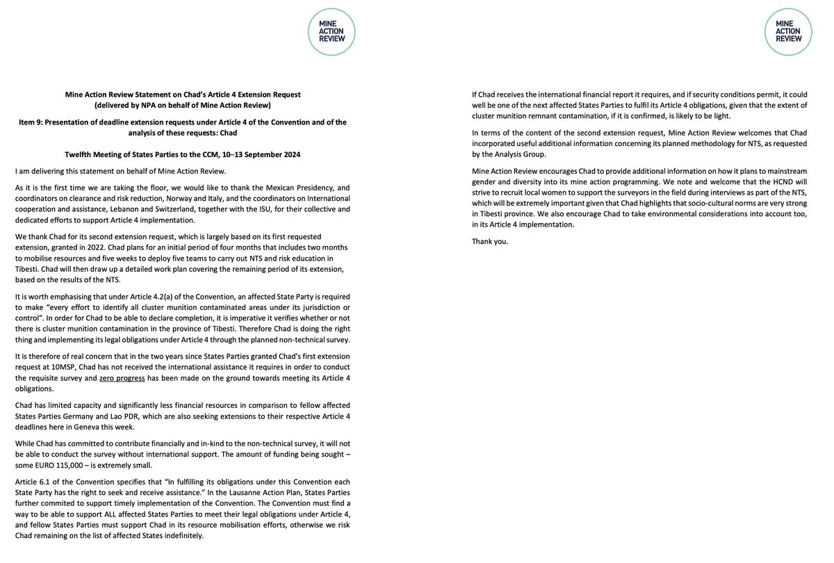 Chad is asking for a 2yr interim extension to its #clustermunition <a href="/ISUCCM/">Convention on Cluster Munitions</a>  #clearance deadline to 1 October 2026, in order to  conduct survey in Tibesti province. We hope Chad can secure much needed international assistance for the survey.  #CCM12MSP Read our full statement