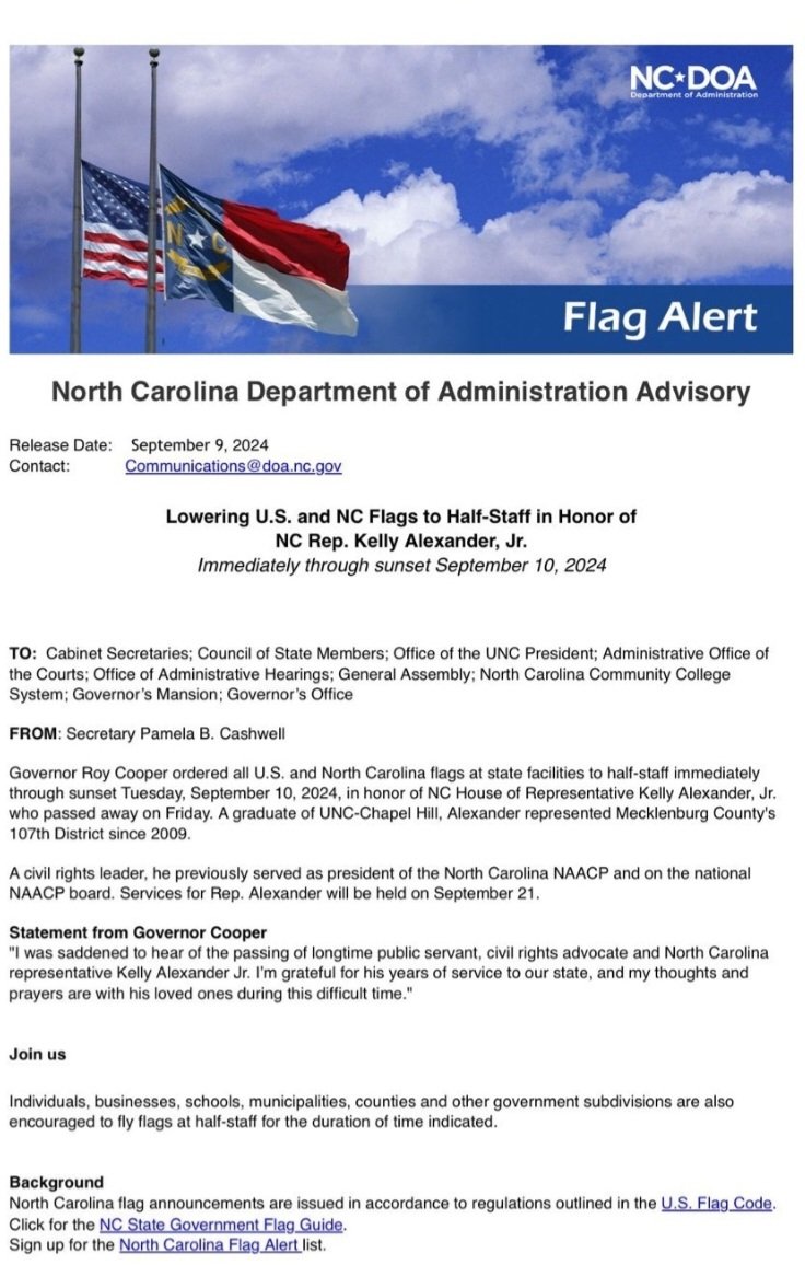 Lowering U.S. and NC Flags to Half-Staff in Honor of NC Rep. Kelly Alexander Jr.