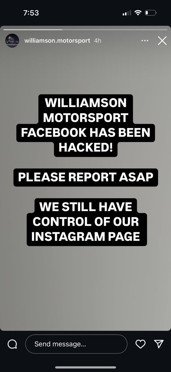 Not a great start to the day. Our Facebook page of 15 years was hacked and lost complete control of it.

If you get any messages from Williamson Motorsport it is a scam do not respond