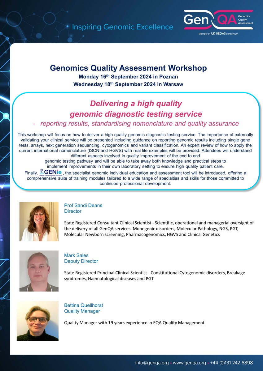 Not long now until the Genomics Quality Assessment Workshops ‘Delivering a high quality genomic diagnostic testing service’ in Poznan (16th September 2024) and Warsaw (18th September)

#Quality #Genomics #Workshop