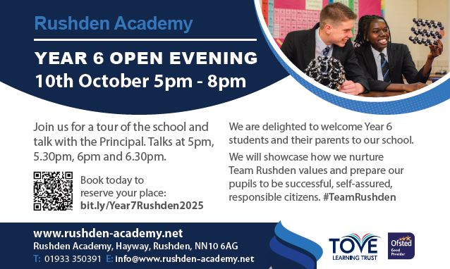 Come and see what Rushden Academy is all about at our open evening on Thursday 10th October. If you want to attend one of the talks from our Principal, don't forget to book your place bit.ly/Year7Rushden20… #TeamRushden