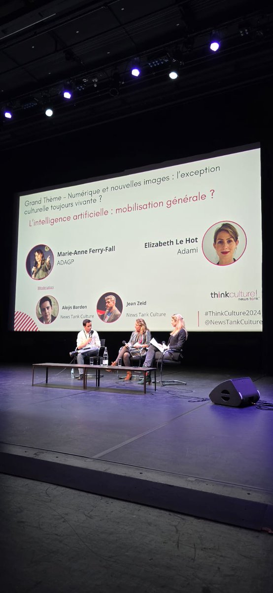laure_rigaud's tweet image. #ThinkCulture2024
@NewsTankCulture 
Fin du #GrandTheme et de la matinée avec le #Module4 : &quot;L&apos;intelligence artificielle : mobilisation générale ?&quot; Avec Marie-Anne Ferry-Fall, ADAGP et Elizabeth Le Hot, Adami 
#IA