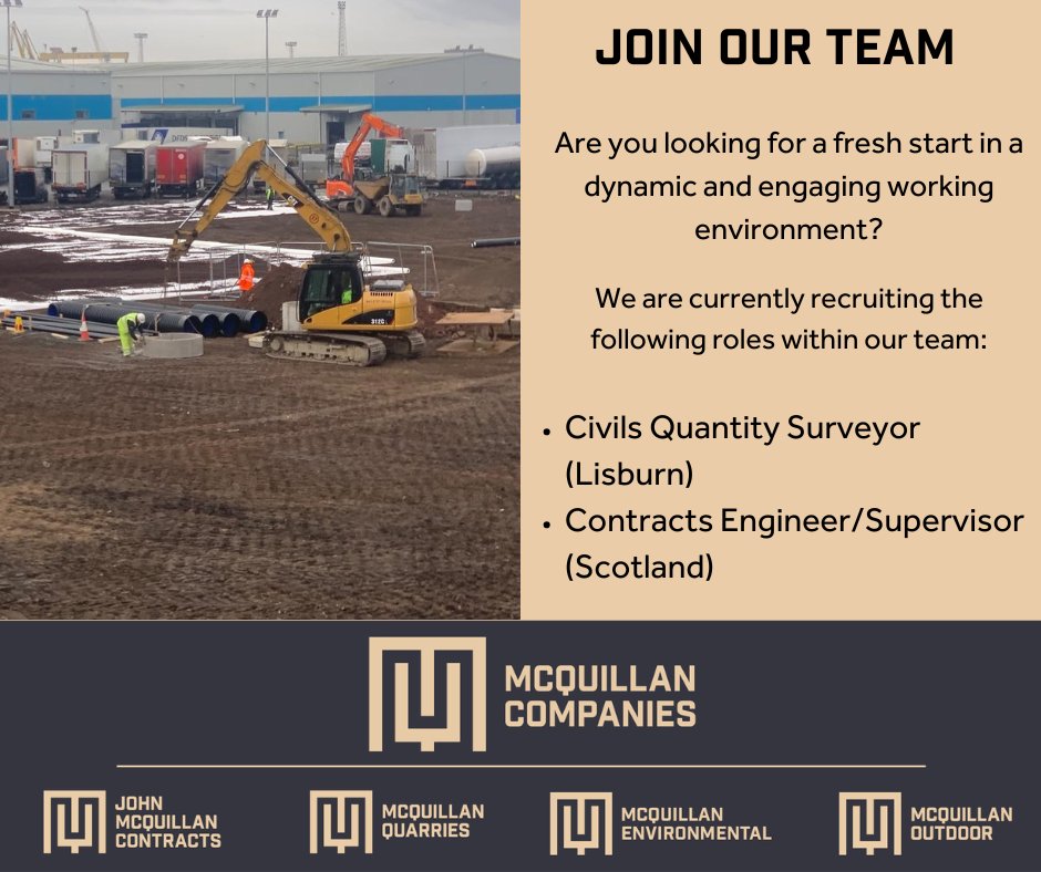 🚨 We're Hiring! 🚨
John McQuillan Contracts is expanding, and we're recruiting for two key roles:

🔹 Civils Quantity Surveyor (Lisburn)
🔹 Contracts Engineer/Supervisor (Scotland)

💼 Check out all the details and apply today at mcquillancompanies.com/careers