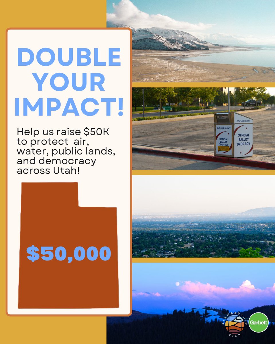stewardshiputah's tweet image. From now through 9/20, Garbett Homes is generously matching every donation to Stewardship Utah up to $25K! Your contribution will help support our programs to protect the air, water, &amp;amp; land through democracy, policy, &amp;amp; elections. Double your impact: ow.ly/rnSz50Tjvu7