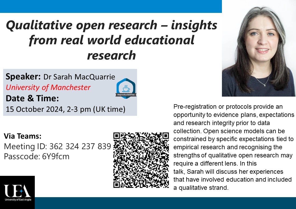 ReproducibiliTea UEA (@reproteauea) on Twitter photo Join our talk on Qualitative open research in education on 15 October with @SMQPsych from <a href="/OfficialUoM/">The University of Manchester</a> at 2 pm UK time! uea-uk.libguides.com/researchrepro #OpenScience #AcademicTwitter #openresearch #reproducibilitea Join our talk on Qualitative open research in education on 15 October with @SMQPsych from <a href="/OfficialUoM/">The University of Manchester</a> at 2 pm UK time! uea-uk.libguides.com/researchrepro #OpenScience #AcademicTwitter #openresearch #reproducibilitea