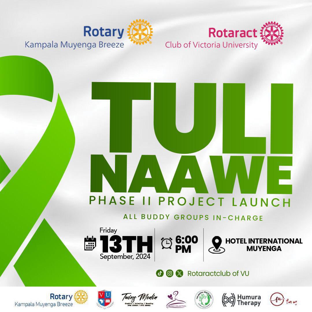 Phase 2 of the Tuli Nawe Project has arrived! 

We're taking our mental health initiative to the next level. Join us as we Launch with the Rotary Club of Kampala Muyenga Breeze🎗️

Venue: Hotel International Muyenga 
Time: 6:00pm 
Date: 13th Friday 2024