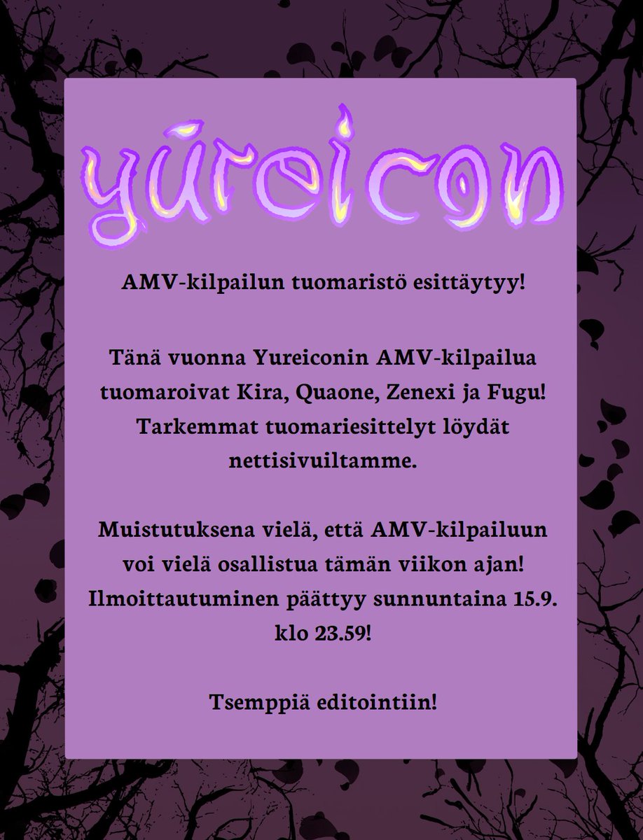 Yureiconin AMV-kilkpailun tuomaristo on julkistettu Yureiconin nettisivuille! 

yureicon.fi/amv-tuomaristo/