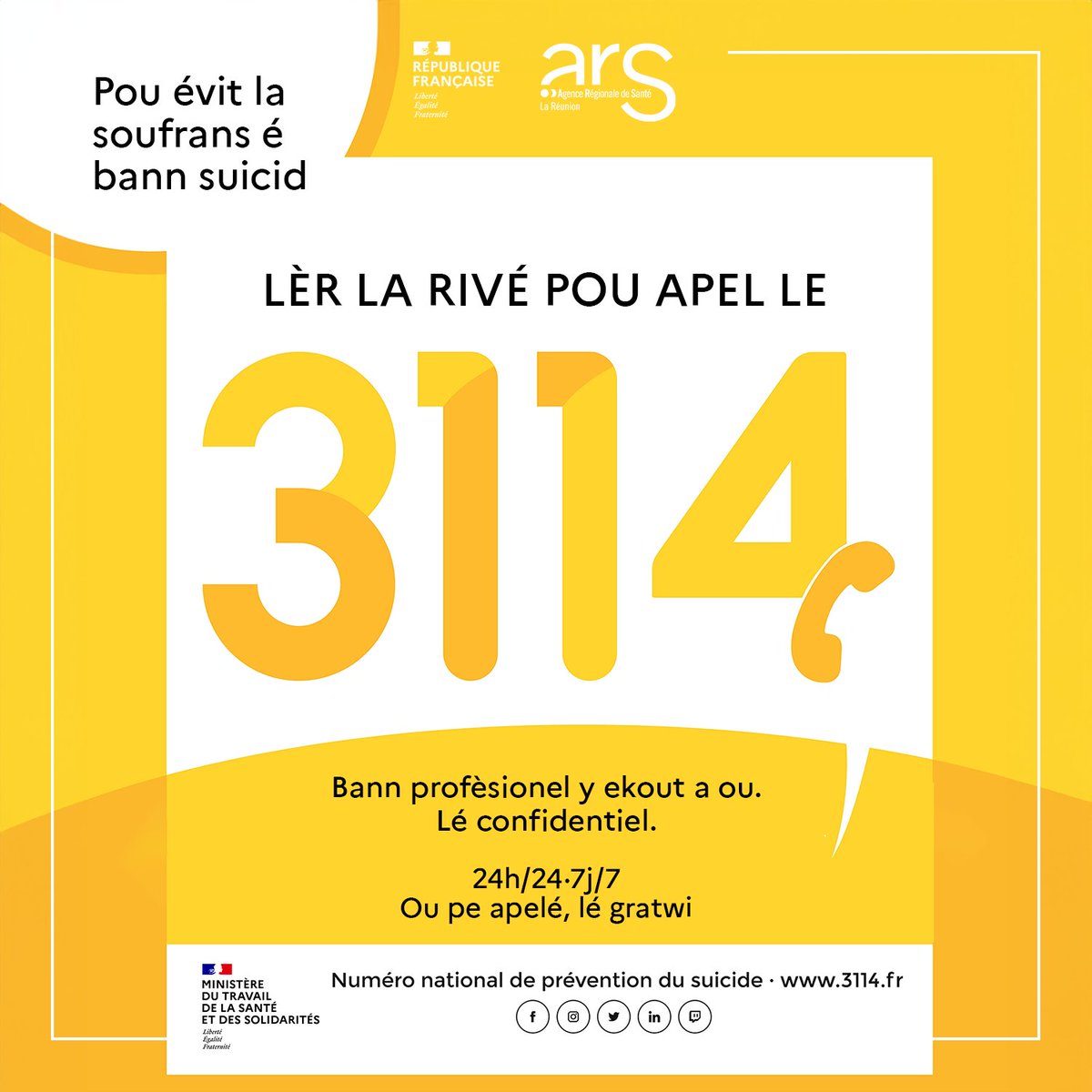 #PréventionSuicide 🕊️ Bann profèsionel y ekout à ou  
10 septembre : Journée mondiale de prévention du suicide
Des professionnels de La Réunion vous écoutent au 3114, numéro national de prévention du suicide.
En cas de détresse, n’hésitez pas. 
Accessible 24h/24, 7j/7. 💙