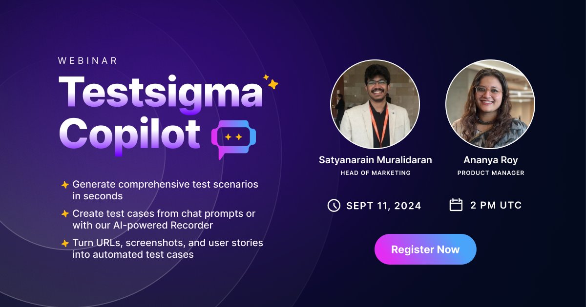 testsigmainc's tweet photo. โฐ Only 1 day to go!
Join us tomorrow as we unveil Testsigma Copilot - A genAI-powered assistant that makes your testing process a breeze.
Register now! ๐ป๐
https://t.co/eugryi1Vad
#GenAI #TestAutomation #QA #TestsigmaCopilot #Webinar https://t.co/ZSbiqiEycW
