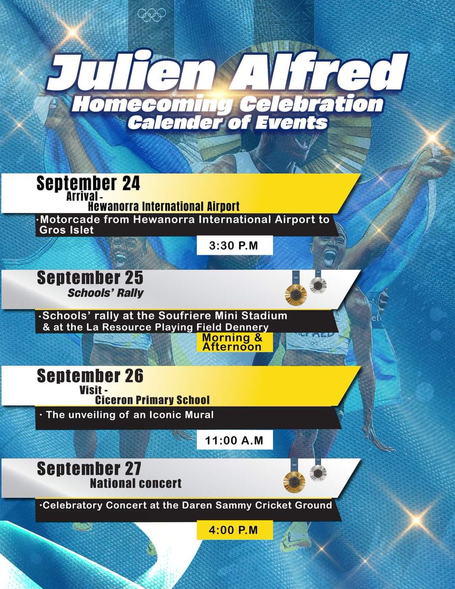 RhyesaJ's tweet image. The Government of Saint Lucia has announced some of the national celebrations to honour double Olympic medalist, Olympic and World Champion Julien Alfred.