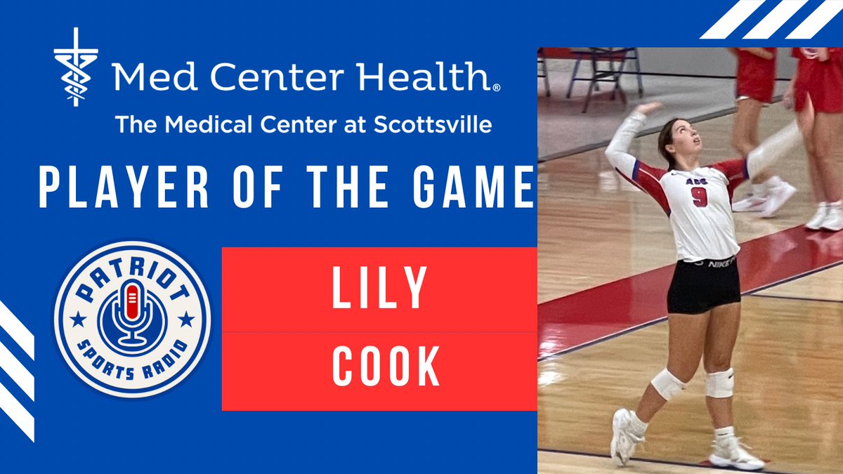 acspatriotradio's tweet photo. The Medical Center at Scottsville player of the game last night vs Metcalfe County was Lily Cook. @ACSVBall https://t.co/oTM6d1IziS