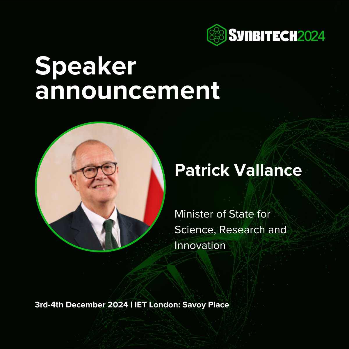 SynbiCITE's tweet image. We are incredibly pleased to announce that Patrick Vallance, Minister of State for Science, Research and Innovation, will be opening day one of #SynbiTech24.
Make sure you don’t miss out on the opportunity to join us on the 3rd-4th December in London.
synbitech.com/book-tickets