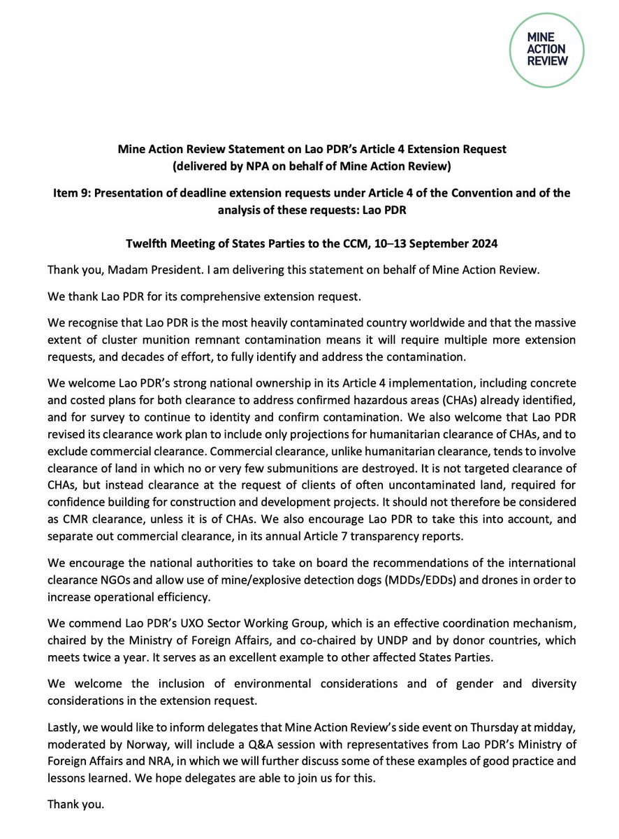 Lao PDR is seeking a 5-yr extension to its #clustermunition clearance deadline, but because of the massive extent of contamination, will need multiple extensions in order to meet its <a href="/ISUCCM/">Convention on Cluster Munitions</a> Art. 4 clearance obligations. We welcome Lao PDR’s strong national ownership, including