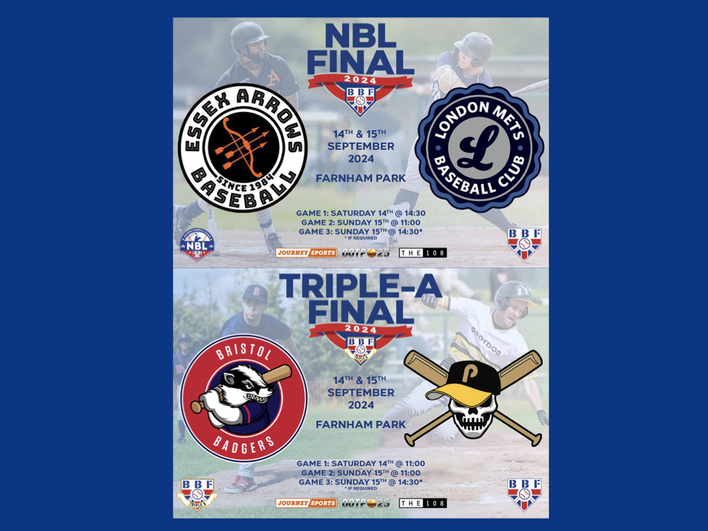 This weekend (Saturday 14th September and Sunday 14th September) Farnham Park hosts the climax of the BBF NBL and BBF AAA 2024 baseball seasons. Four games will be broadcast live by Journey Sports Media over the two days. Details in link

britishbaseball.org.uk/news/stage-is-…