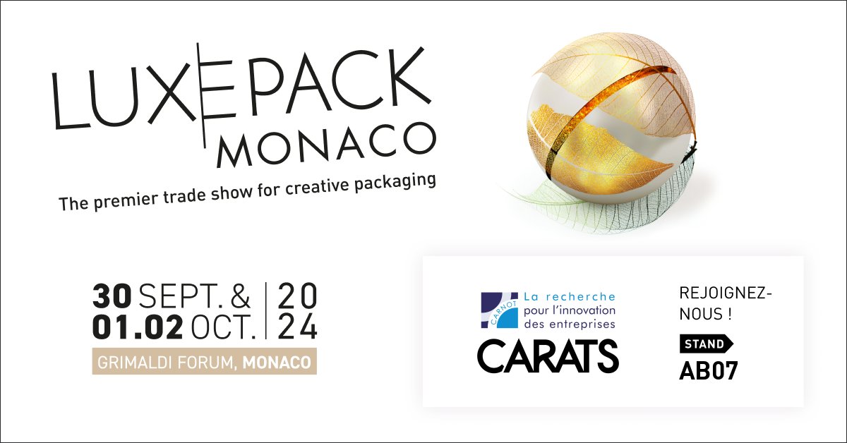 [#SALON] LUXEPACK Monaco | CARATS stand AB07 💎 

🤝Venez rencontrer et échanger avec les experts CARATS sur vos besoins R&amp;D et d'innovation dans le domaine de l'emballage pour le secteur du luxe  

📅Du 30/09 au 2/10
📍Monaco Forum Grimaldi