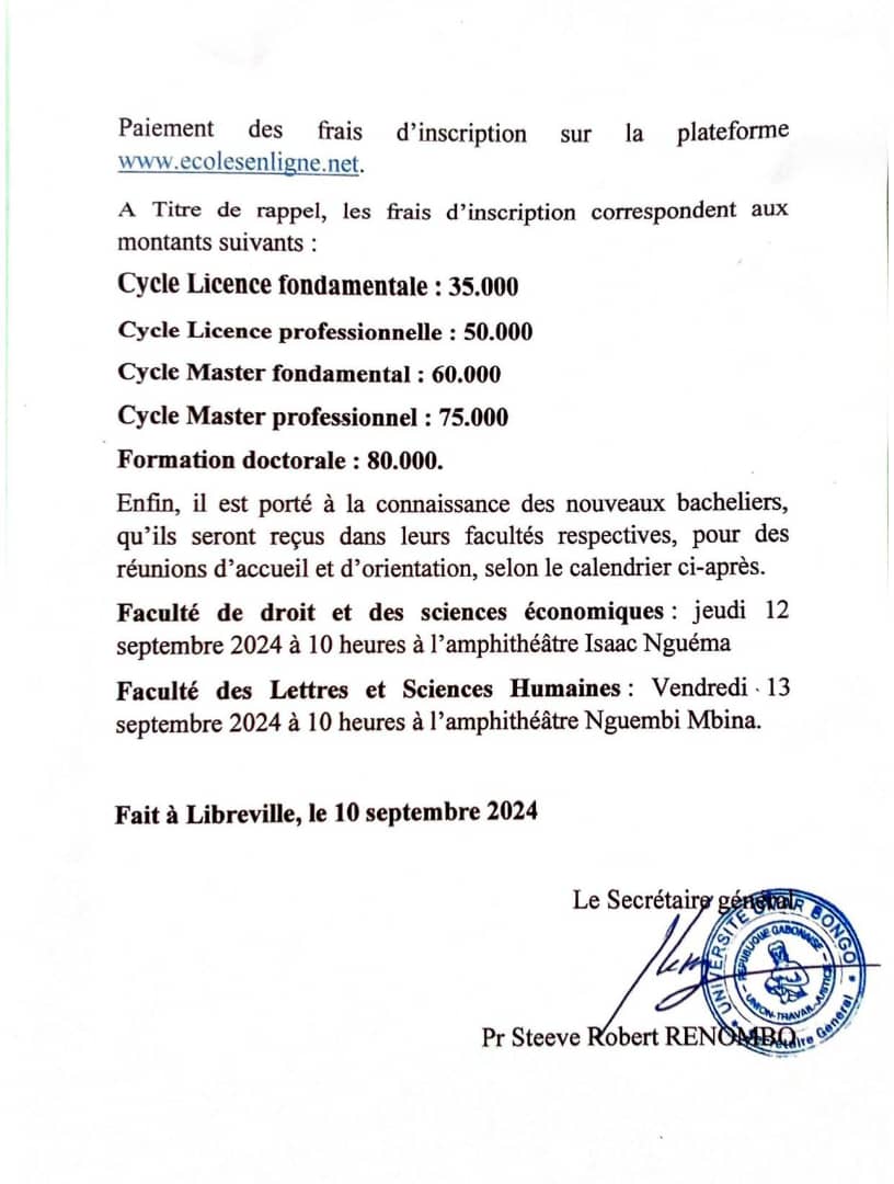 COMMUNIQUÉ OFFICIEL – UNIVERSITÉ OMAR BONGO
L'Université Omar Bongo lance les inscriptions pour les nouveaux bacheliers et les réinscriptions pour les anciens étudiants pour l'année académique 2024-2025.
Calendrier des inscriptions et réinscriptions :