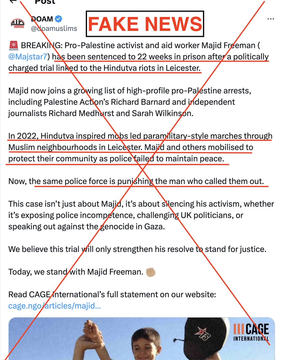 HinduHate's tweet photo. FAKE NEWS ALERT
We deleted our post on Majid Freeman as it appears to be FAKE NEWS spread by Islamists. Majid Freeman was arrested for supporting Hamas, a proscribed terror group in the UK and not for #Lecister violence. His next hearing is on the 22nd of Nov!Pls spread the news! https://t.co/boCWikLylA
