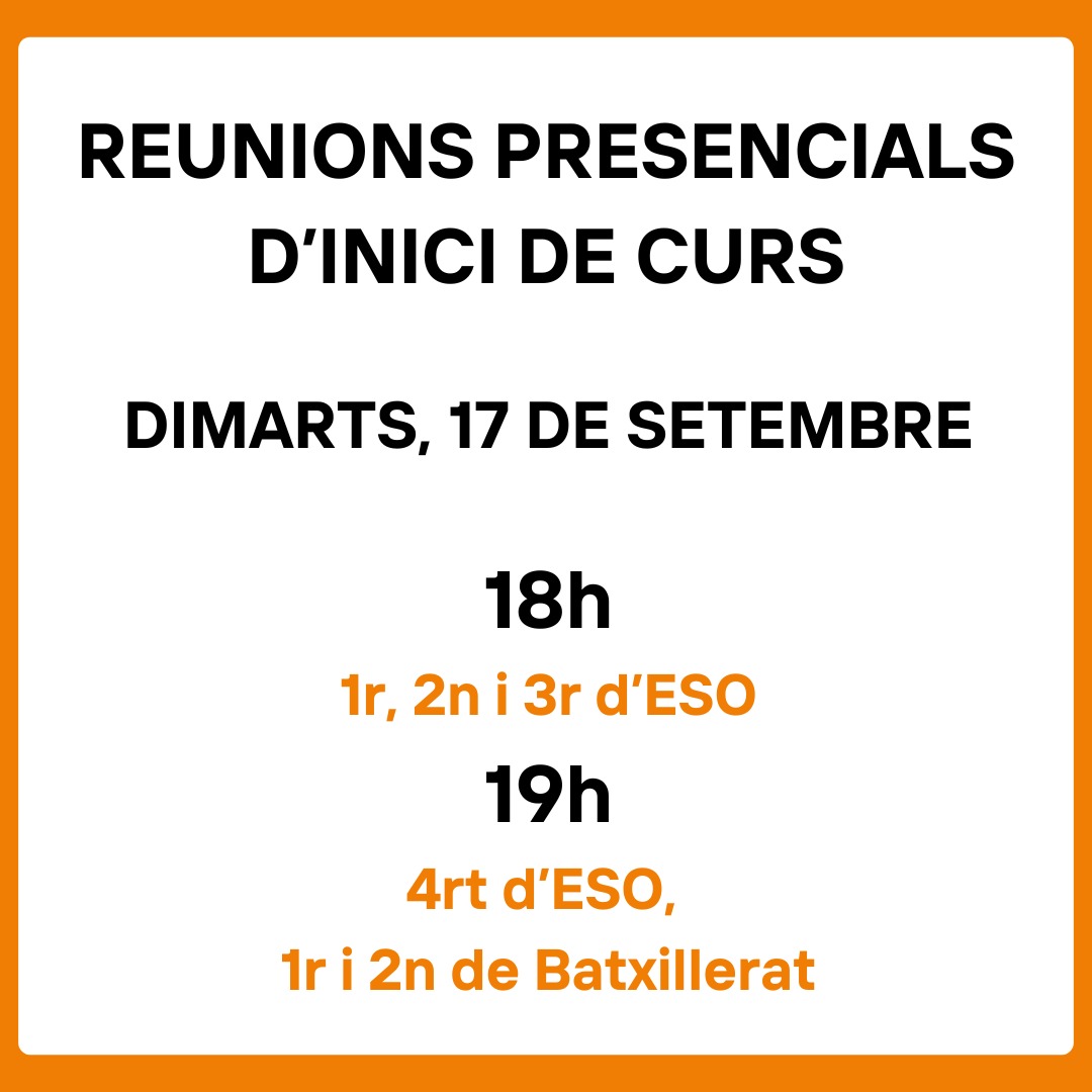 Us esperem el pròxim dimarts 17 de setembre a les reunions informatives d'inici de curs.
Farem una part conjunta amb la resta de cursos de la mateixa franja horària i després, el tutor o tutora us explicarà el funcionament del curs amb més detall