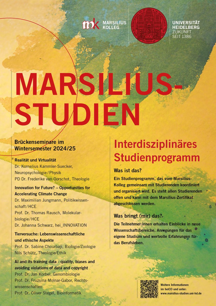 Das Programm für die Brückenseminare im WiSe 2024/25 steht und bietet auch dieses Mal spannende Themen! Eine Gelegenheit für alle, die gerne einmal den Blick über den eigenen Fachbereich hinauswagen und Lust auf anregende interdisziplinäre Diskussionen haben.
Anmeldung bei heiCO.