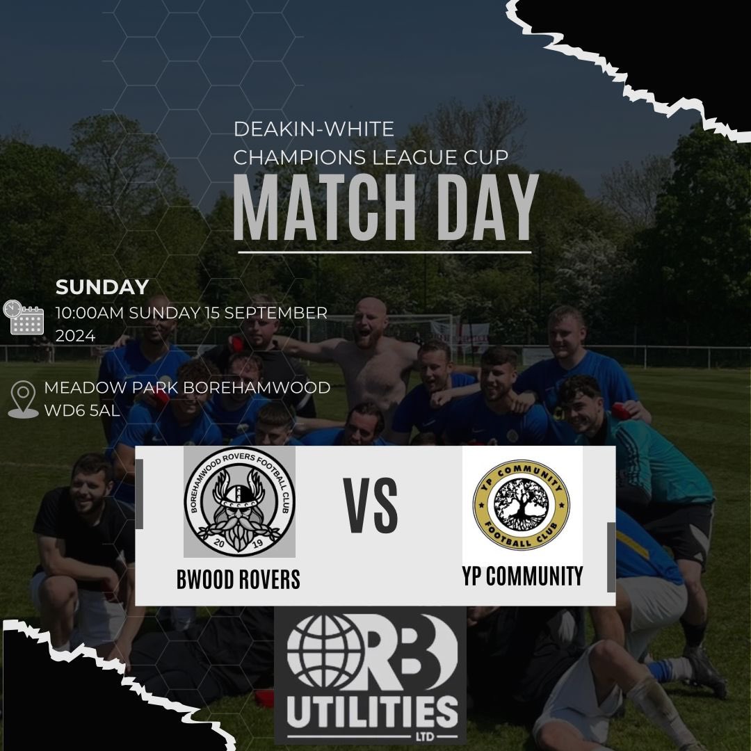 Next up for the lads👀

🆚 YP Community 
🏆 Deakin-White Cup
🏟️ Meadow Park, Borehamwood 
🗓️ Sunday 15th September 
🕙 10AM Kick Off

#UpTheRovers ⚪️⚫️