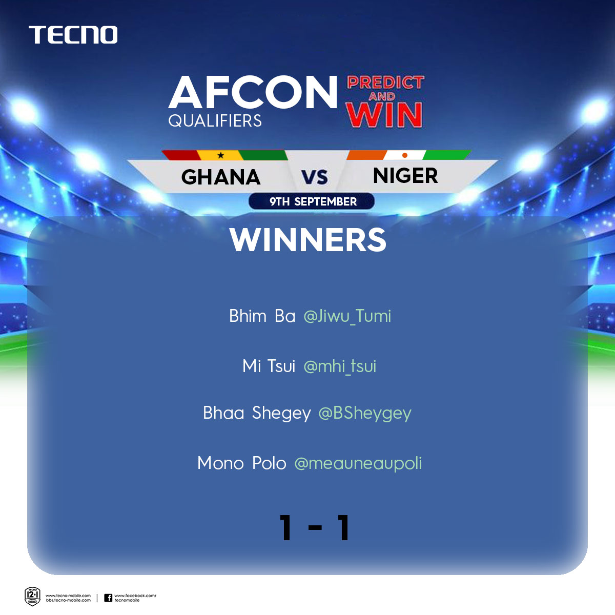 TecnoMobileGH's tweet photo. Congratulations to our #TECNOPredictandWin winners for the Ghana vs Niger match! ๐ฌ๐ญโฝ
Send us a DM with a screenshot of your name.
Stay tuned for more chances to win with TECNO! ๐ #TeamTECNO #WinWithTECNO #GhanaVrsNiger https://t.co/KB7ulCBB9J