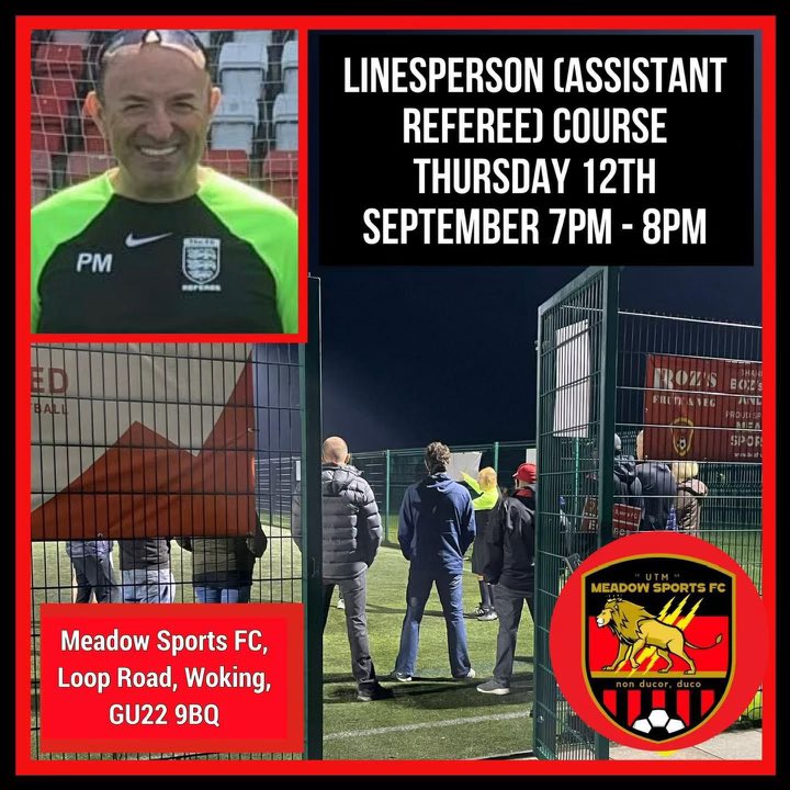 Our friends at <a href="/meadowsportsfc/">meadow sports fc</a> are hosting a linesperson/assistant referee training course for all those parents who are interested in getting involved with matches.

The course is this Thursday at their Loop Road ground. Please contact Meadow Sports directly if interested.