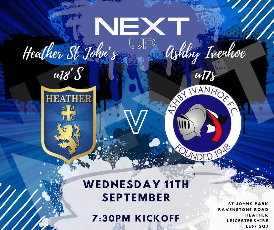Our u18’s have their first home game of the season on Wednesday evening in the Midweek Floodlit Youth League as they welcome Ashby Ivanhoe!

£2 entry for adults and only £1 for u16s

We are unable to take card payments for entry or refreshments so please ensure you have cash 💙
